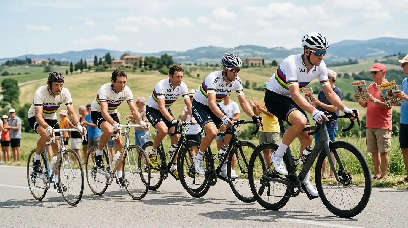 Sequenza di campioni del mondo in maglia iridata di diverse epoche