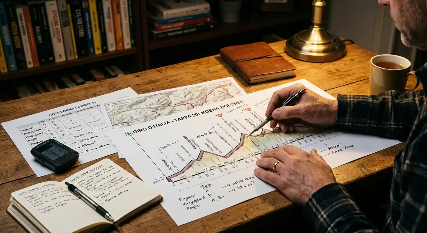 Analista studia profili altimetrici e dati di forma per il pronostico di una corsa