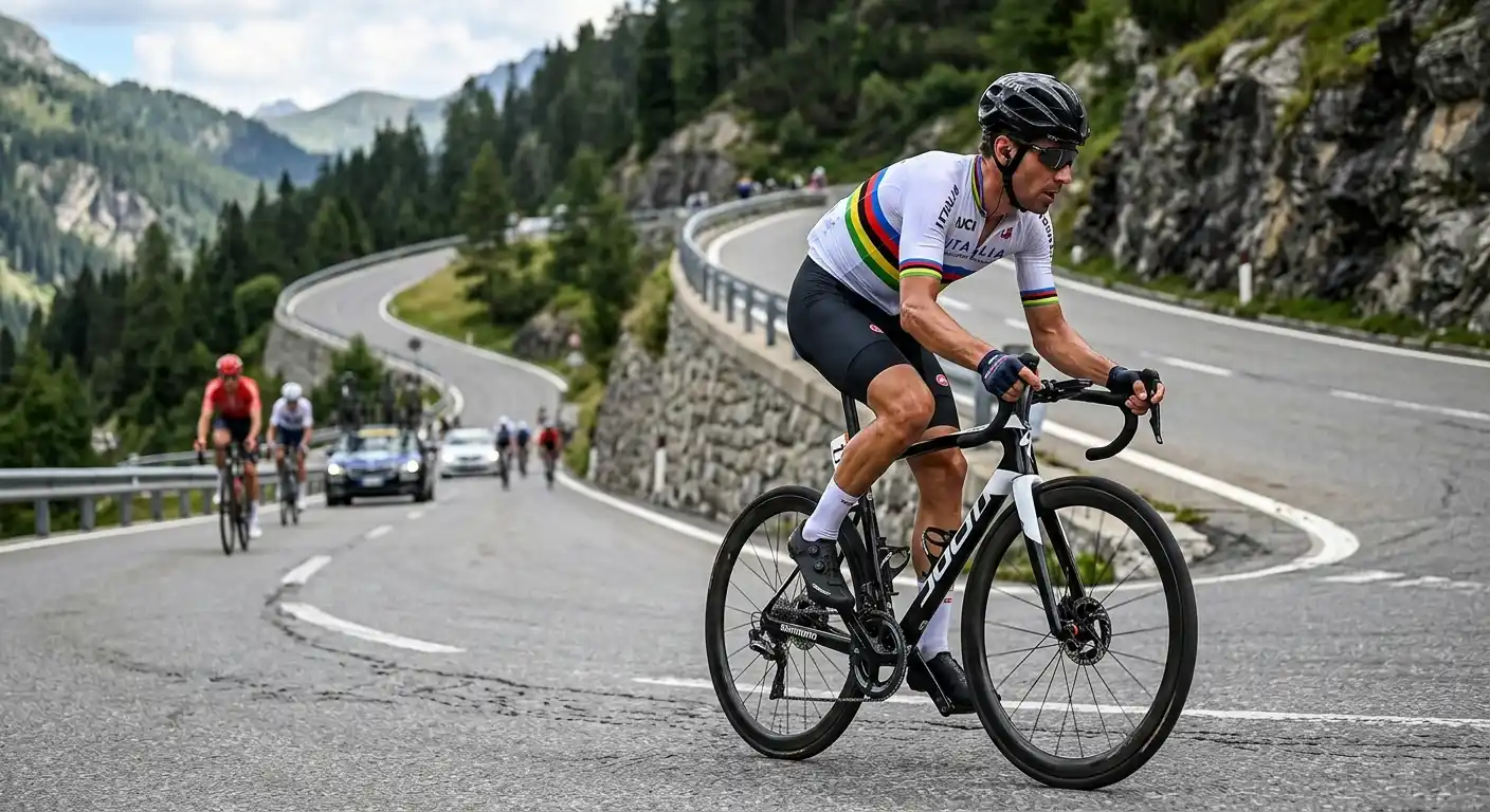 Corridore campione del mondo in maglia iridata in azione su strada