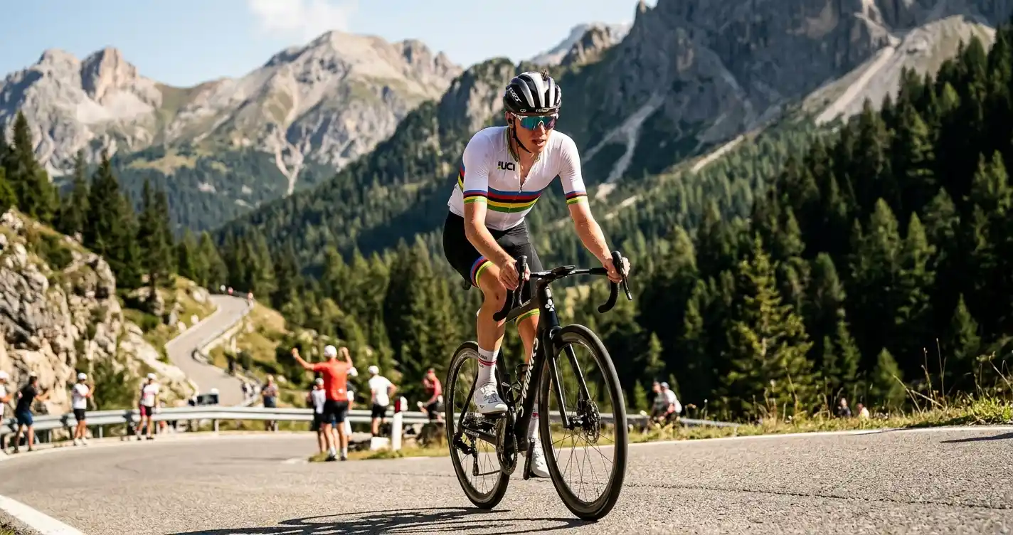 Ciclista in maglia iridata attacca in solitaria su una salita durante i Mondiali