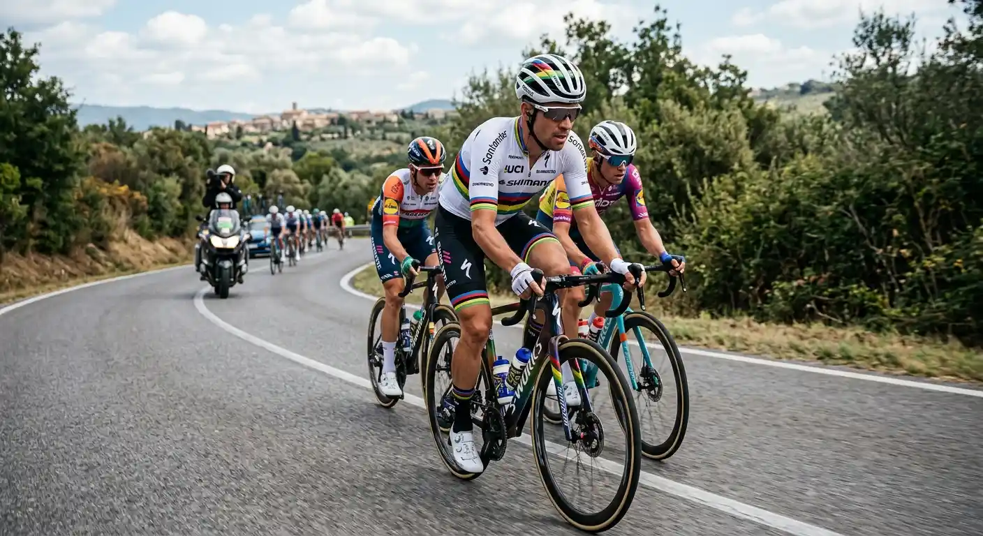 Corridore campione del mondo che indossa la maglia iridata in una corsa su strada