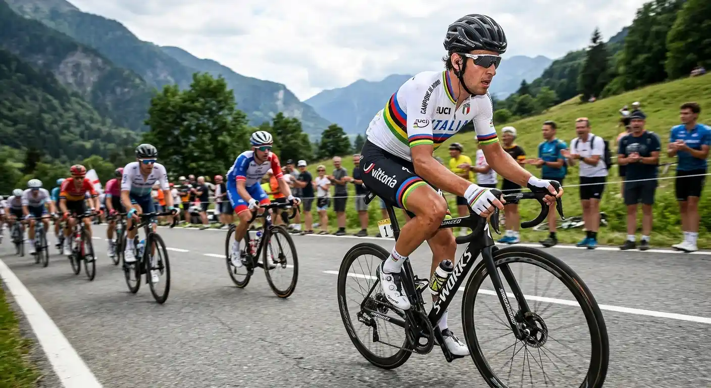 Corridore campione del mondo in gara con la maglia iridata sulle spalle