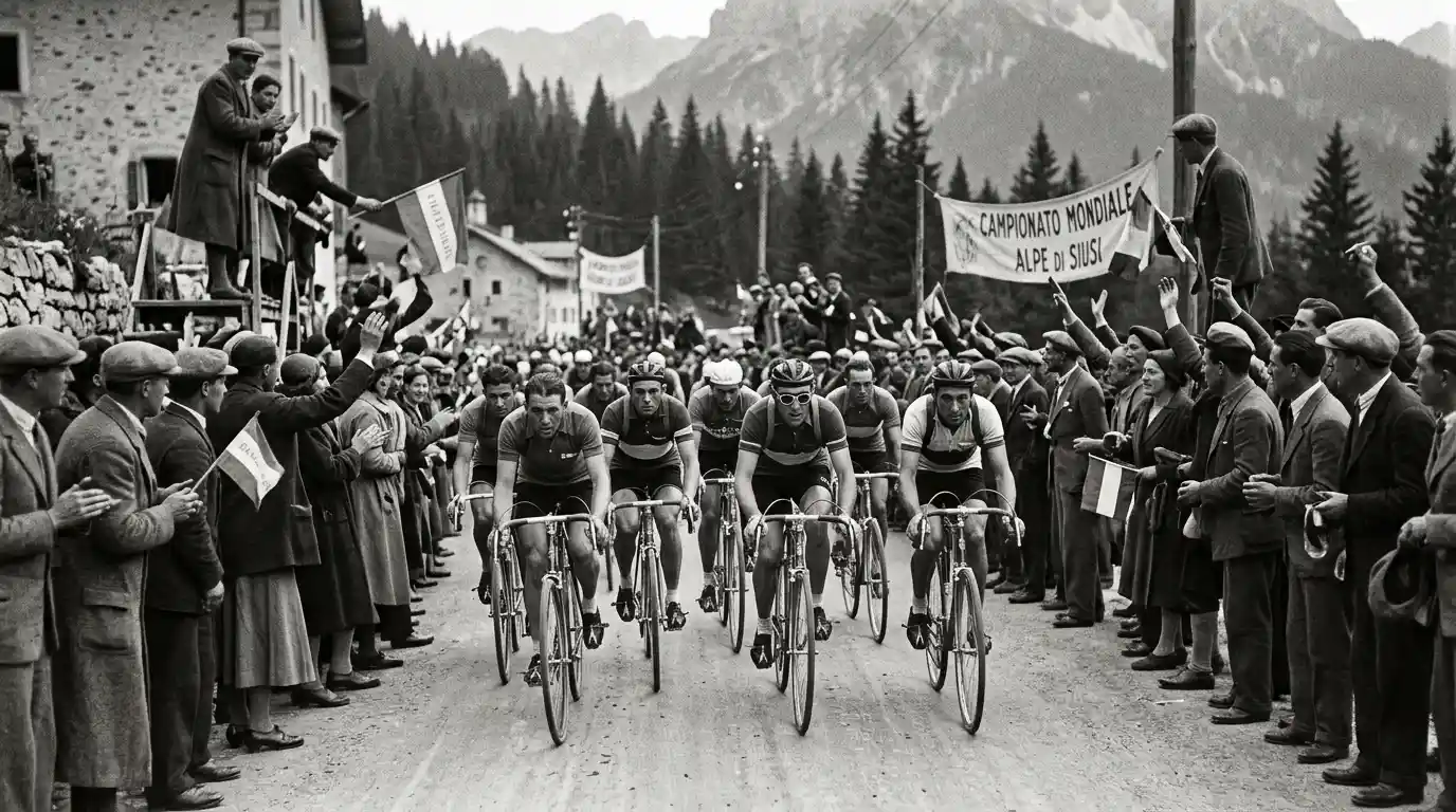 Folla che assiste a una corsa ciclistica delle prime edizioni dei Mondiali