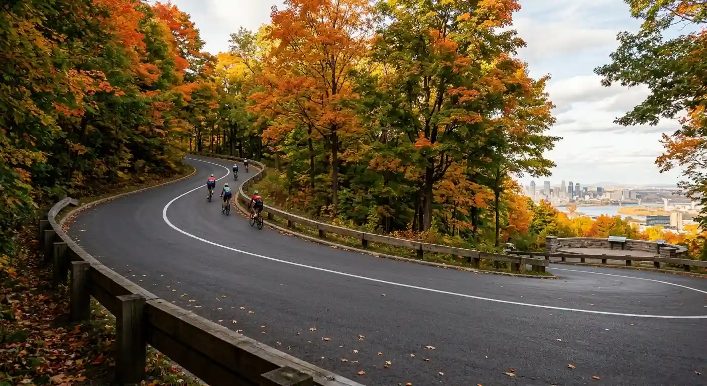 Salita urbana del Mont Royal a Montréal con strada in pendenza tra alberi, scenario del Mondiale 2026