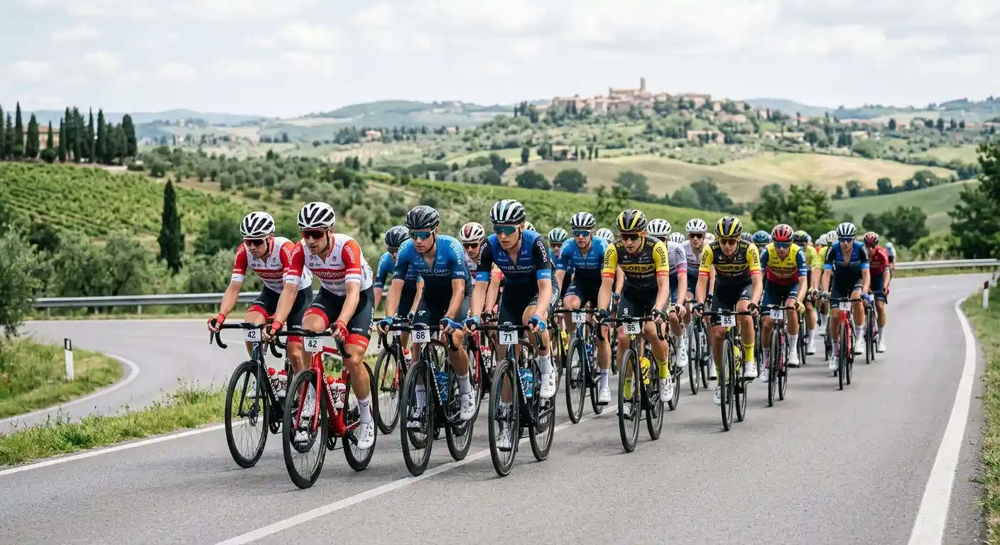 Plotone di ciclisti su strada aperta durante una corsa in linea professionistica