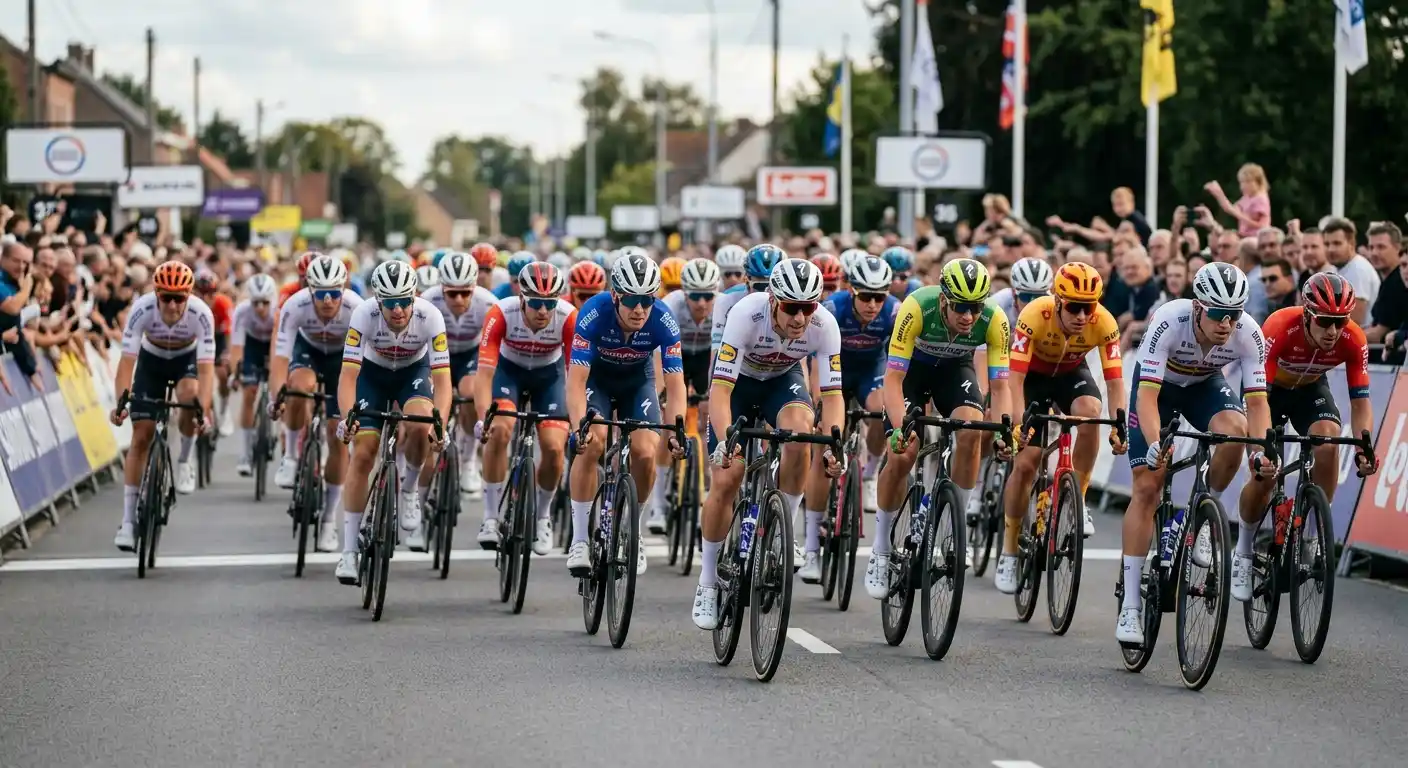 Plotone lanciato verso una volata di gruppo nel finale di una corsa in linea