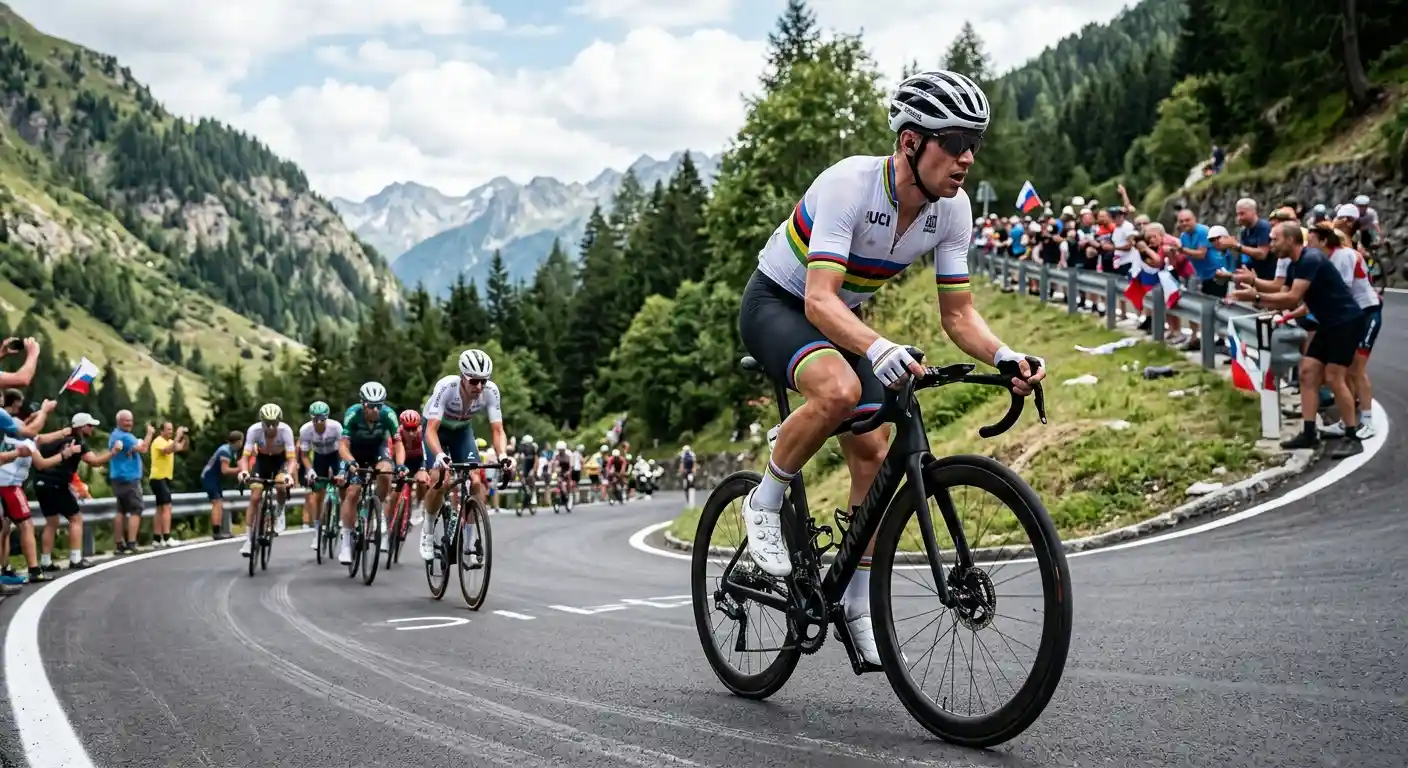 Campione moderno in maglia iridata che domina una salita ai Mondiali