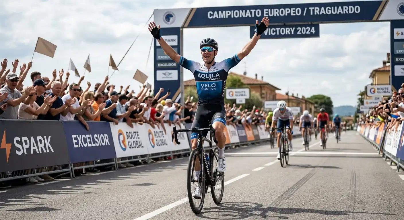 Corridore vincente che alza le braccia al traguardo di una grande corsa
