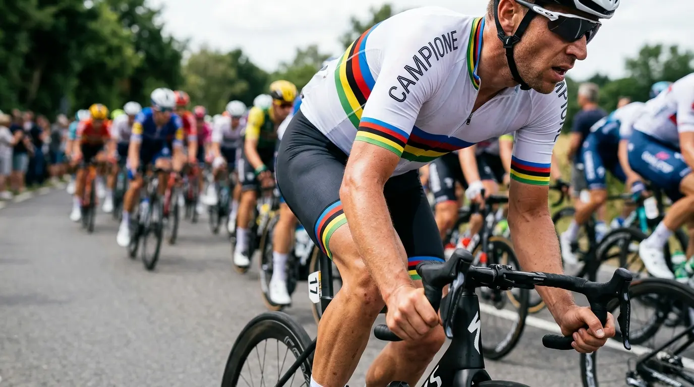 Primo piano delle cinque fasce colorate che compongono la maglia iridata