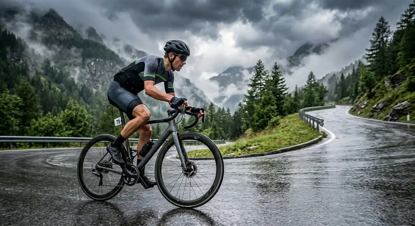 Corridore in allenamento su strada bagnata in condizioni meteo variabili