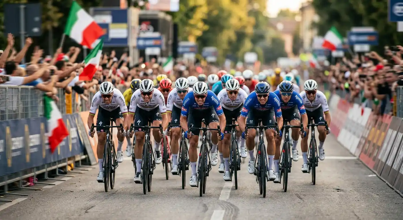 Gruppo compatto di ciclisti professionisti lanciato verso il traguardo di una corsa su strada
