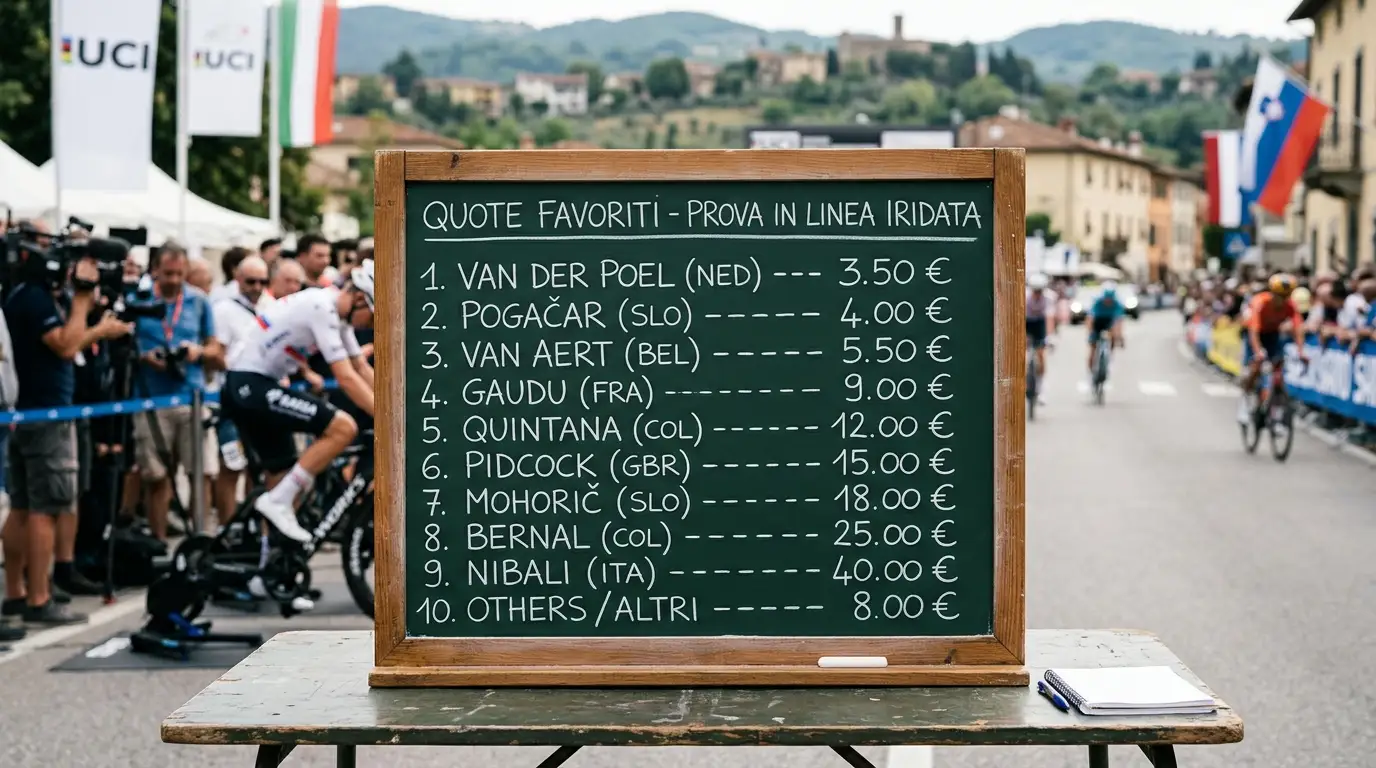 Lavagna di quote con i nomi dei corridori favoriti per la prova in linea iridata