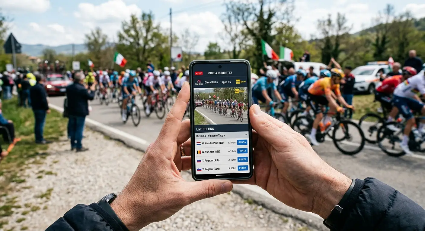 Spettatore segue la corsa in diretta sullo smartphone per il live betting