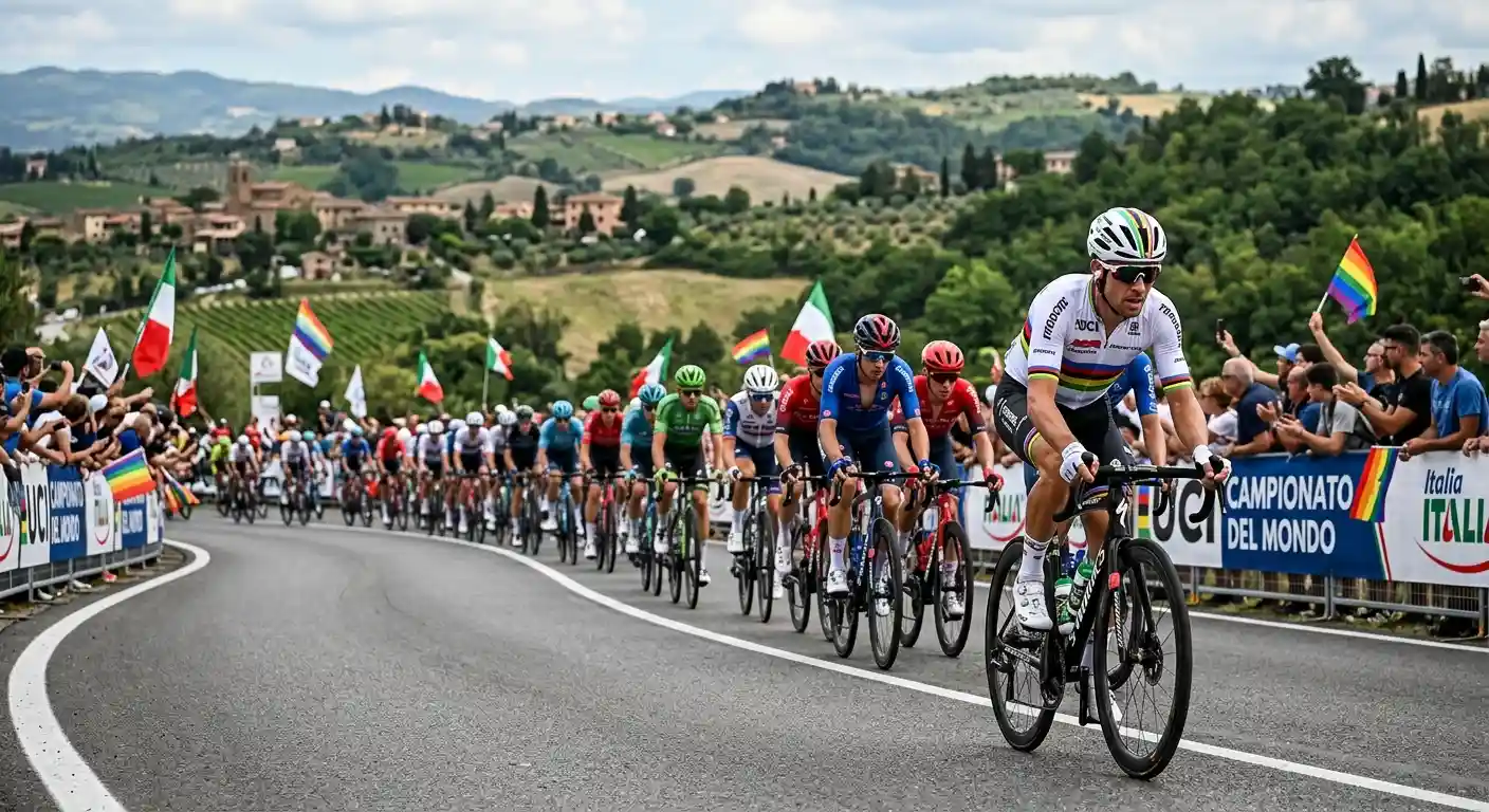 Campione del mondo in maglia iridata a fasce arcobaleno in testa al gruppo