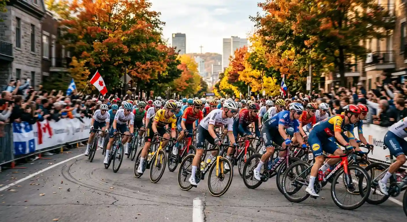Gruppo di ciclisti professionisti in corsa durante una prova in linea dei Campionati del Mondo su strada