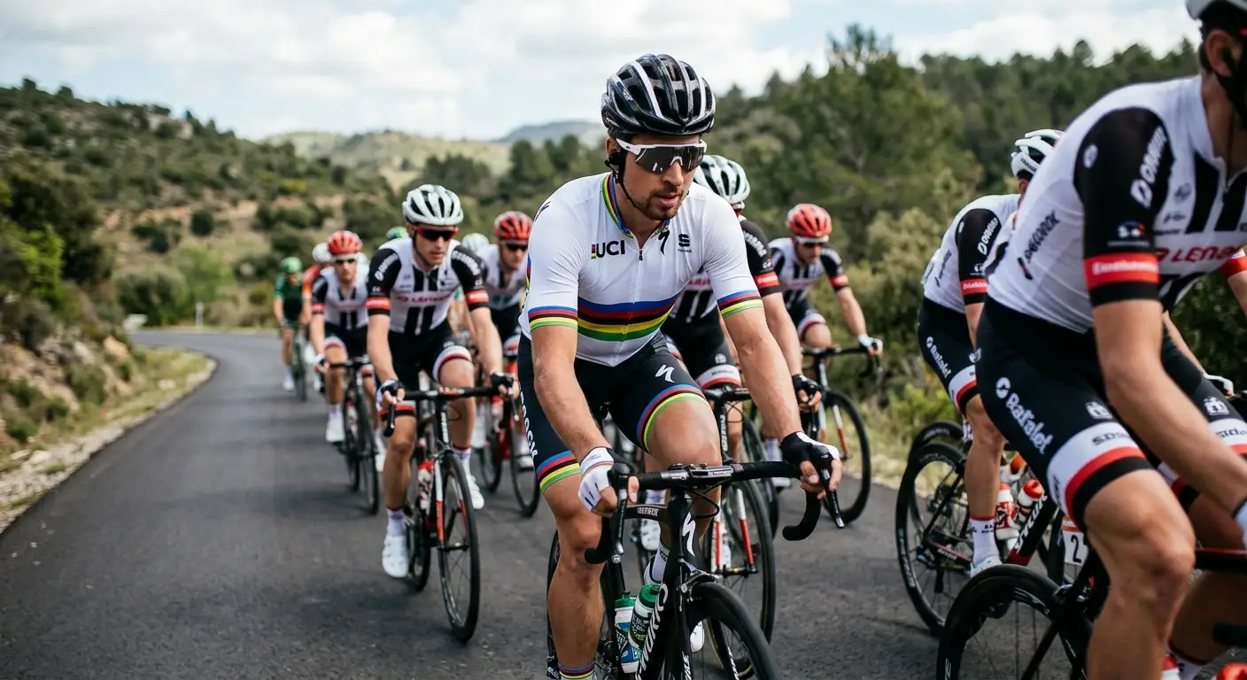 Primo piano di un corridore con la maglia iridata sulle spalle in gruppo