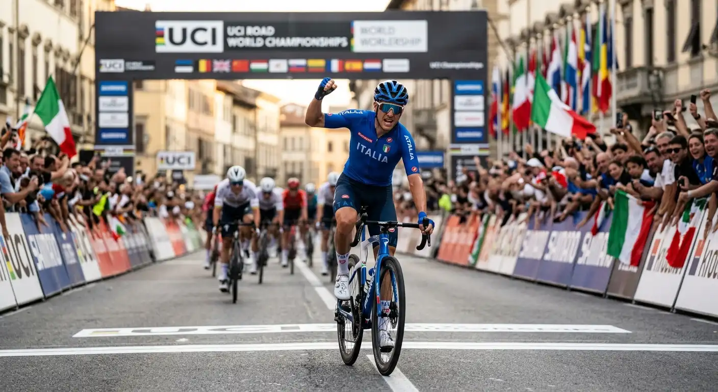 Ciclista outsider transita sul traguardo in una posizione da podio ai Mondiali su strada