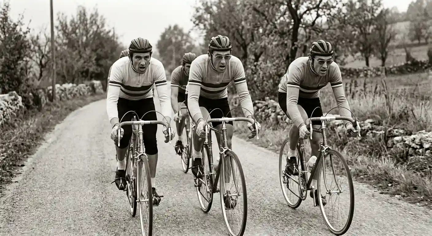 Immagine storica in bianco e nero di una corsa ciclistica dei primi Mondiali