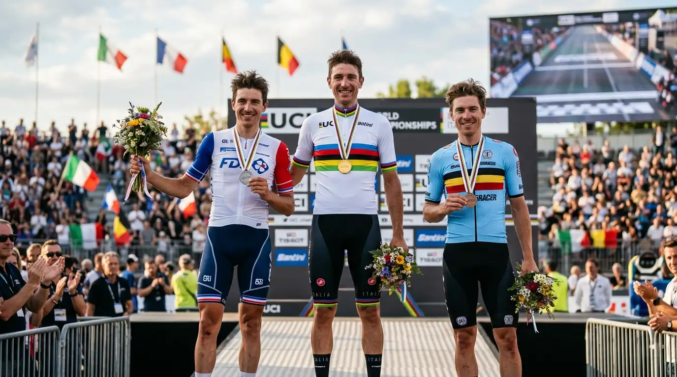 Tre ciclisti sul podio dopo una gara dei Mondiali su strada