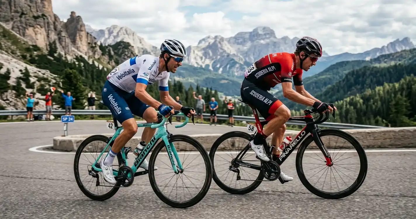 Due ciclisti professionisti affiancati in un confronto diretto durante una corsa