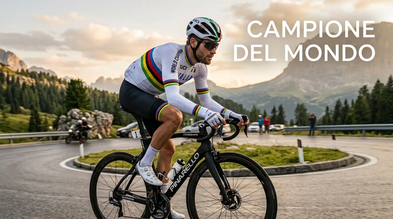 Dettaglio della maglia iridata con le cinque fasce arcobaleno sul petto del campione