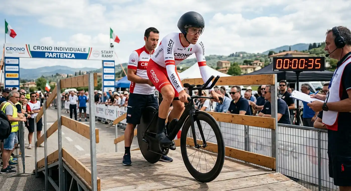 Corridore in attesa sulla rampa di partenza della cronometro individuale
