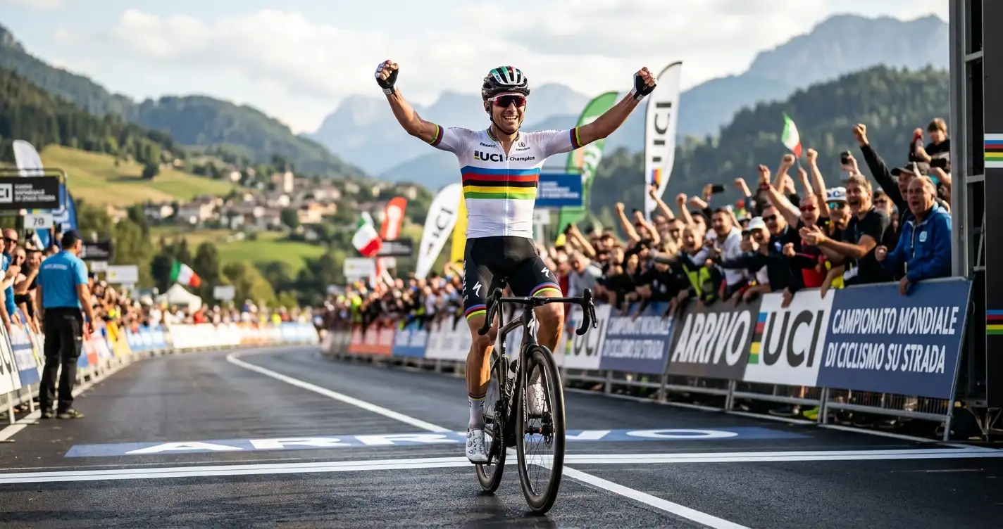 Ciclista con la maglia iridata a fasce arcobaleno alza le braccia al traguardo