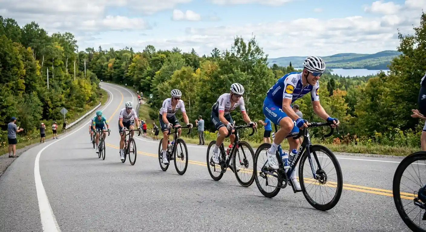 Circuito collinare canadese con corridori impegnati su una salita da ripetere