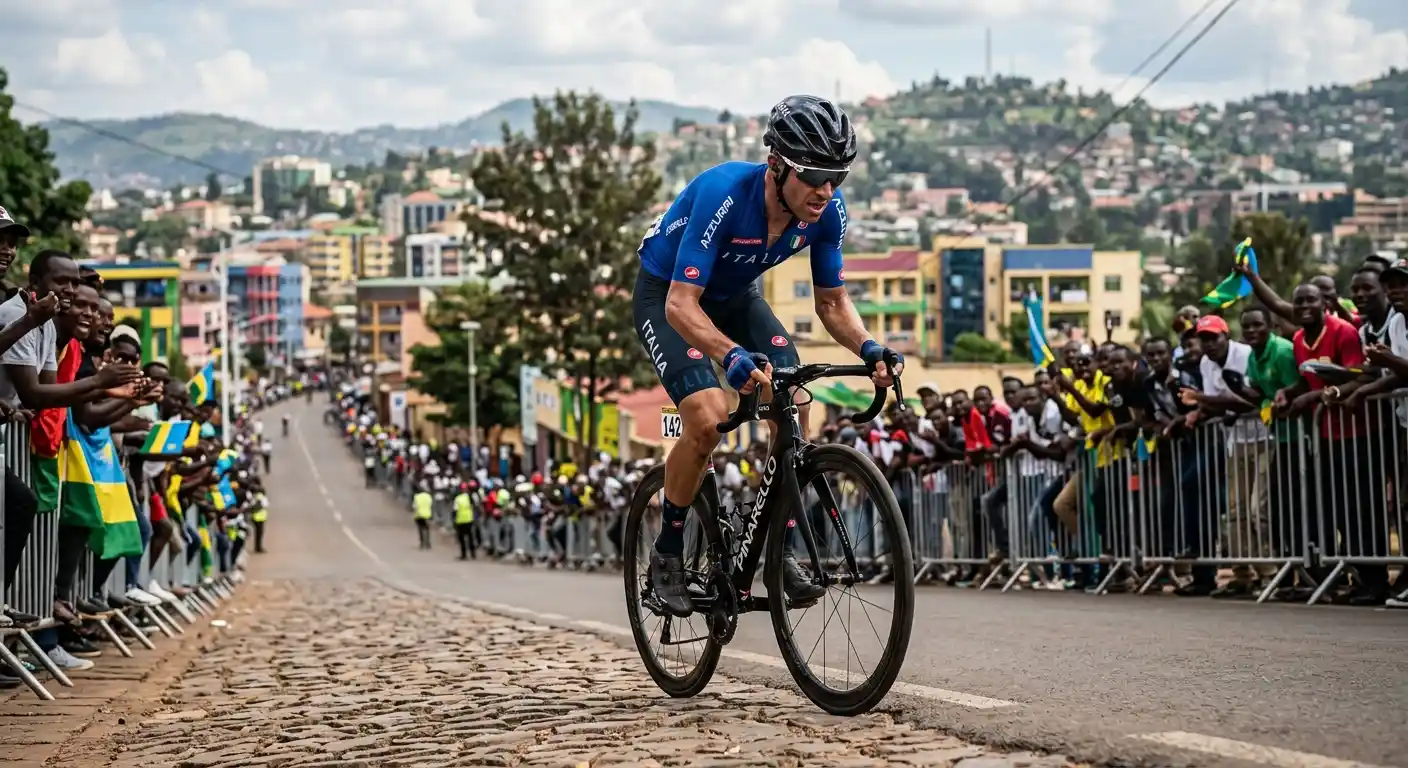 Corridore lanciato in solitaria su una salita ripida ai Mondiali di Kigali