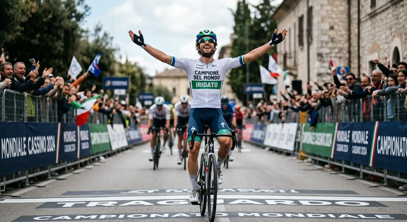 Corridore esulta al traguardo dopo aver conquistato il titolo iridato