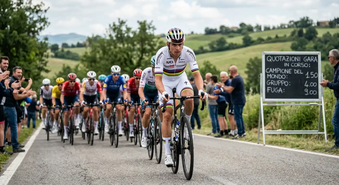 Corridore in maglia iridata in testa al gruppo durante una corsa su strada